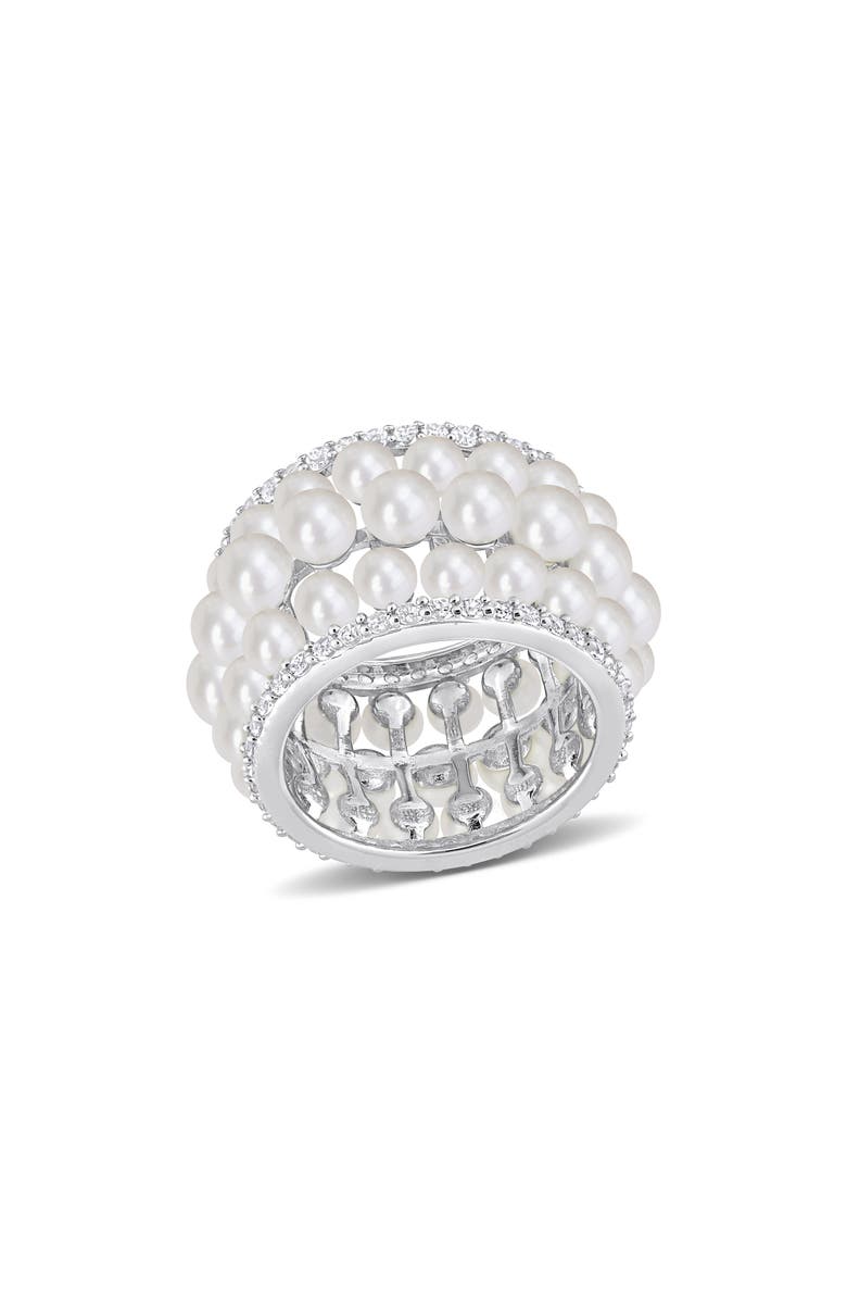 DELMAR 14K White Gold 3–3.5mm Cultured Freshwater Pearl & Lab Created White Sapphire Ring, Main, color, 
