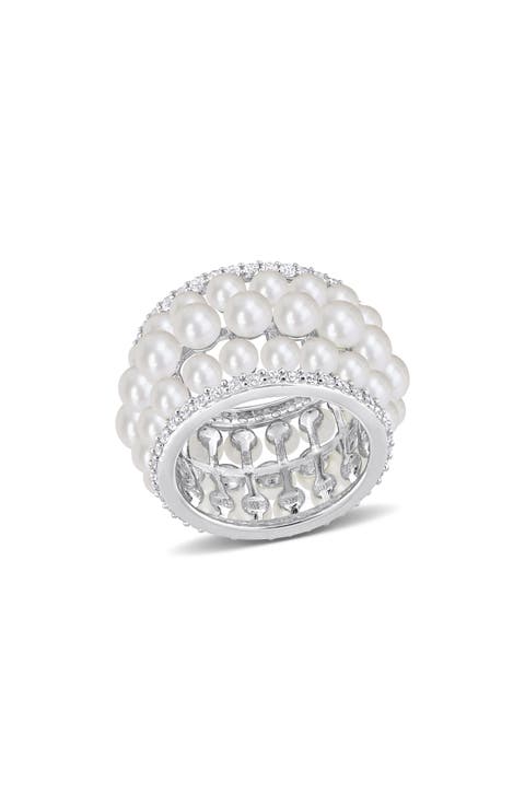 14K White Gold 3–3.5mm Cultured Freshwater Pearl & Lab Created White Sapphire Ring