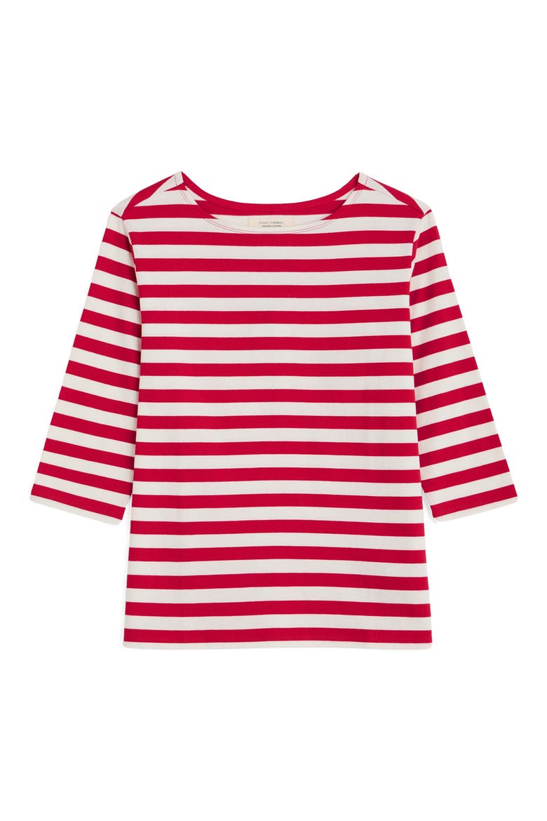 Sailor Stripe Three Quarter Sleeve Organic Cotton T-Shirt, Alternate, color, SCALLION SCARLET