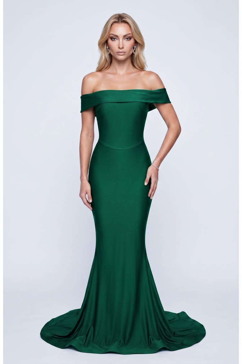 Off The Shoulder Sculpted Mermaid Evening Gown, Alternate, color, Forest Green