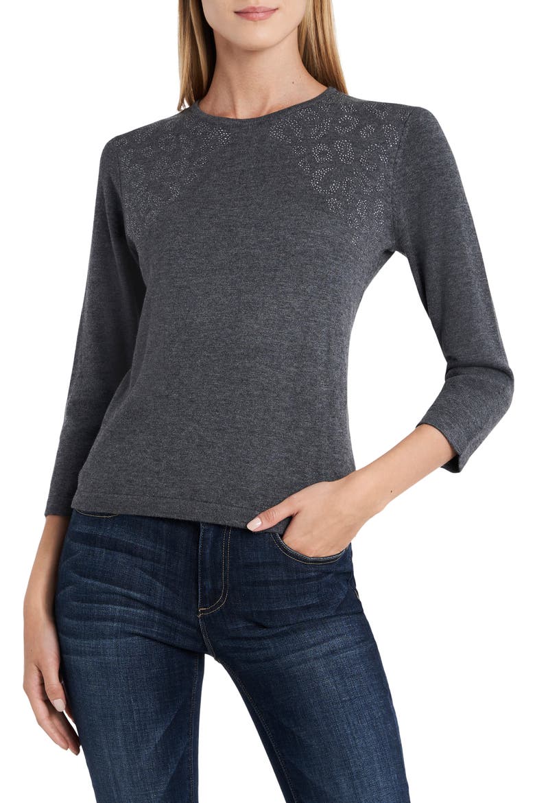 Studded Shoulder Animal Print Jacquard Sweater, Main, color, MEDIUM HEATHER GREY
