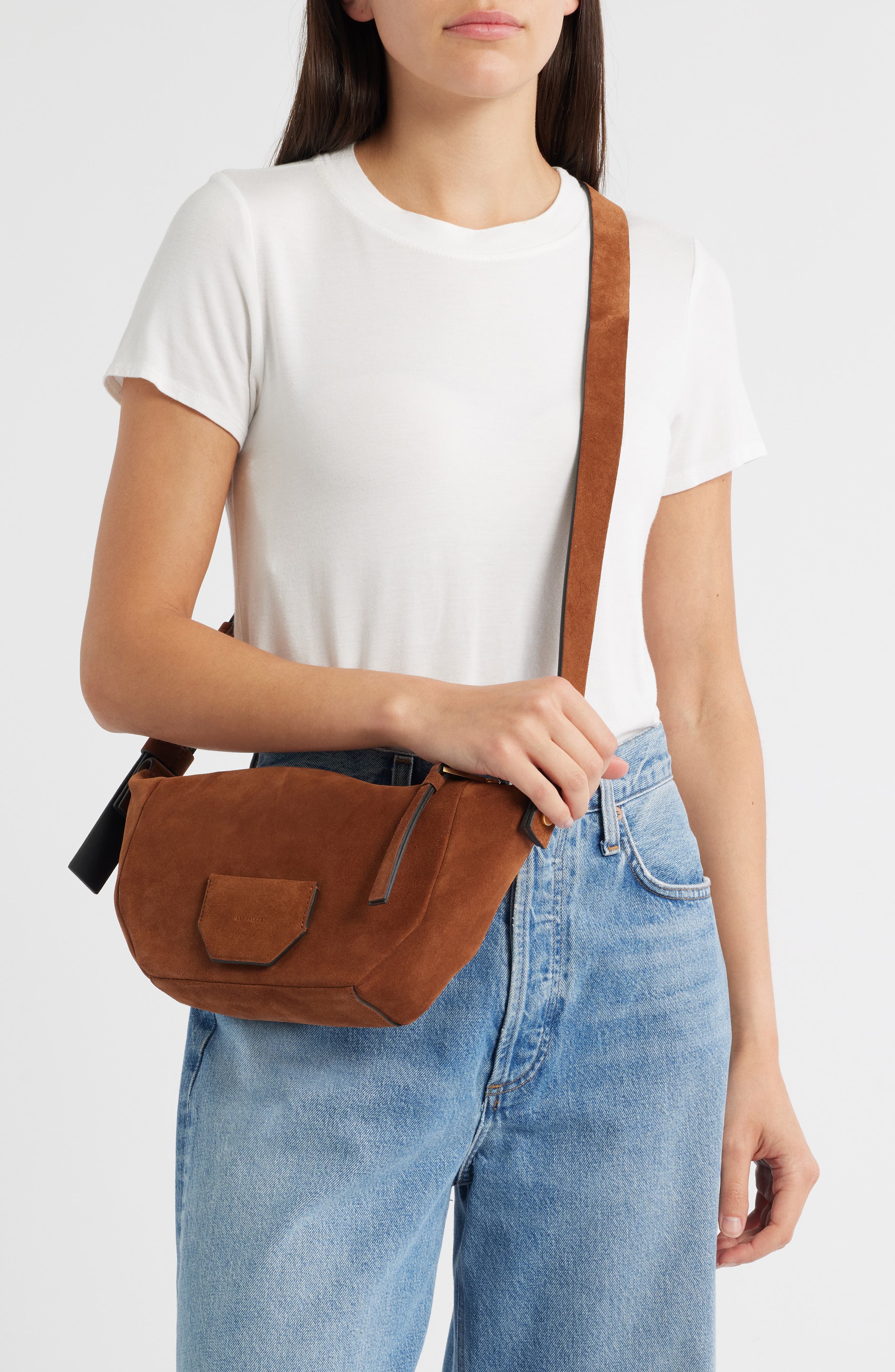 AllSaints Madea Suede Shoulder Bag, Alternate, color, Cognac Brown