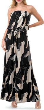 O.L. Chevron Print Strapless Wide Leg Jumpsuit