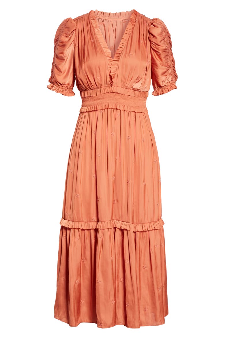 Maya Embroidered Satin Midi Dress, Alternate, color, CORAL