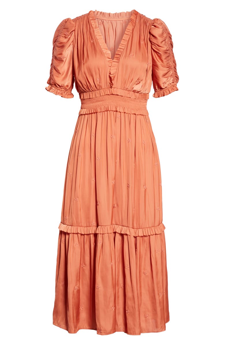 Ulla Johnson Maya Embroidered Satin Midi Dress, Alternate, color,