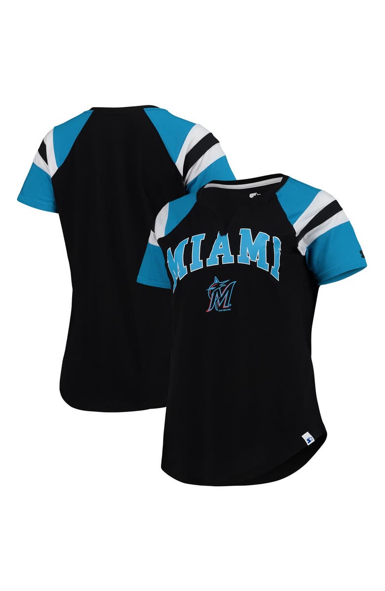 STARTER Women's Starter Black/Blue Miami Marlins Game On Notch Neck Raglan T-Shirt, Main, color, 