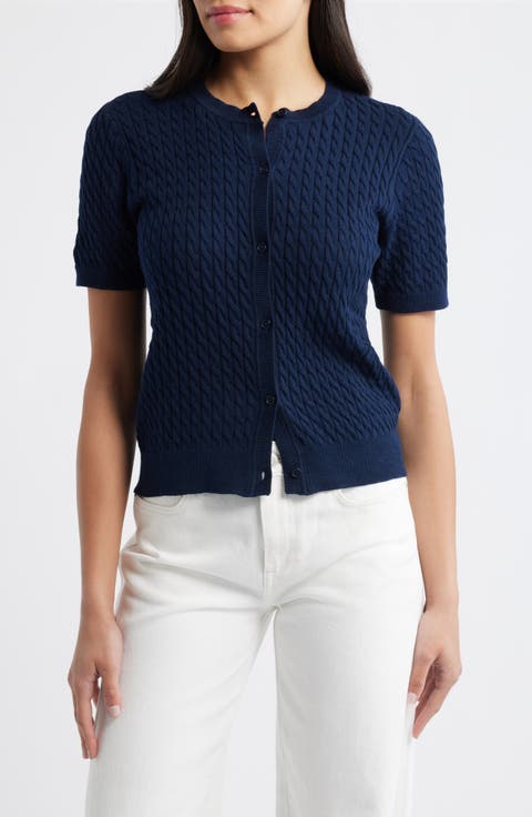 Cable Knit Cotton Button Front Cardigan