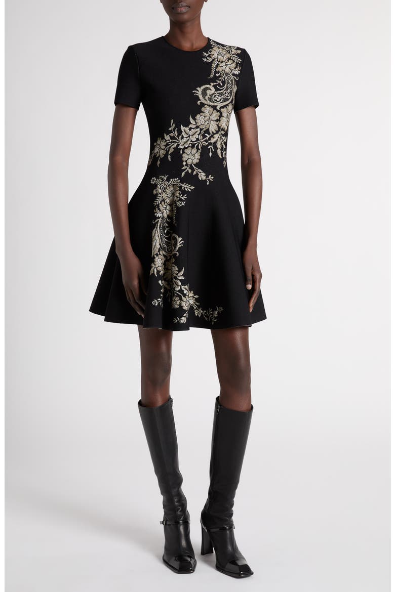 Floral Embroidered Volume Minidress, Main, color, BLACK/ SILVER/ GOLD