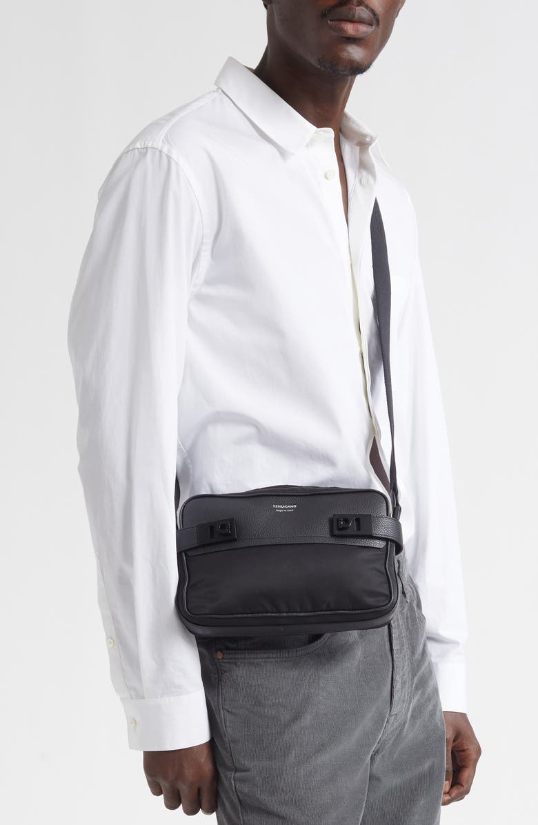 FERRAGAMO Twins Mixed Media Leather & Nylon Shoulder Bag, Alternate, color, Nero