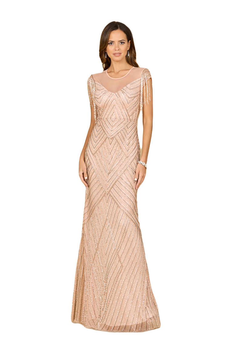 Beaded Fringe Illusion Dress with Cap Sleeves, Main, color, Blush