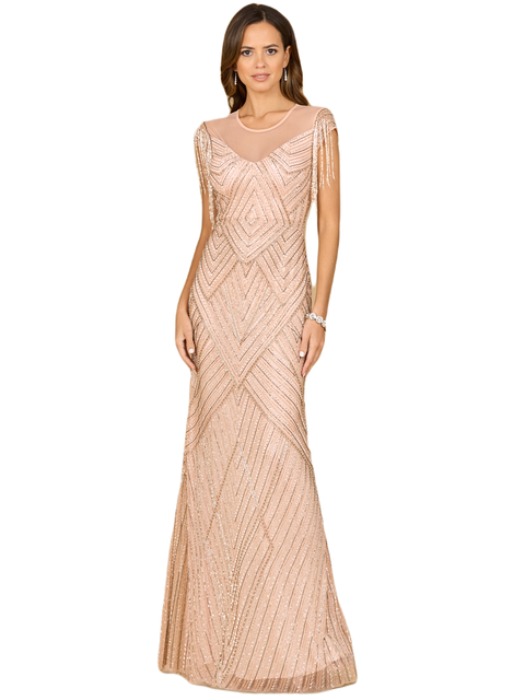 Beaded Fringe Illusion Dress with Cap Sleeves