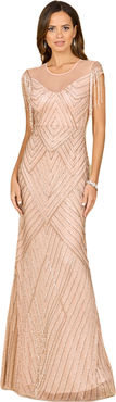 LARA New York Beaded Fringe Illusion Dress with Cap Sleeves