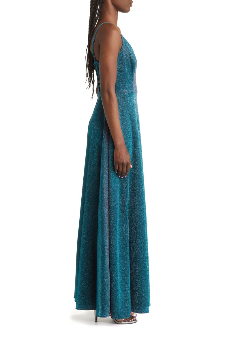 Caged Back Shimmer Gown, Alternate, color, TEAL