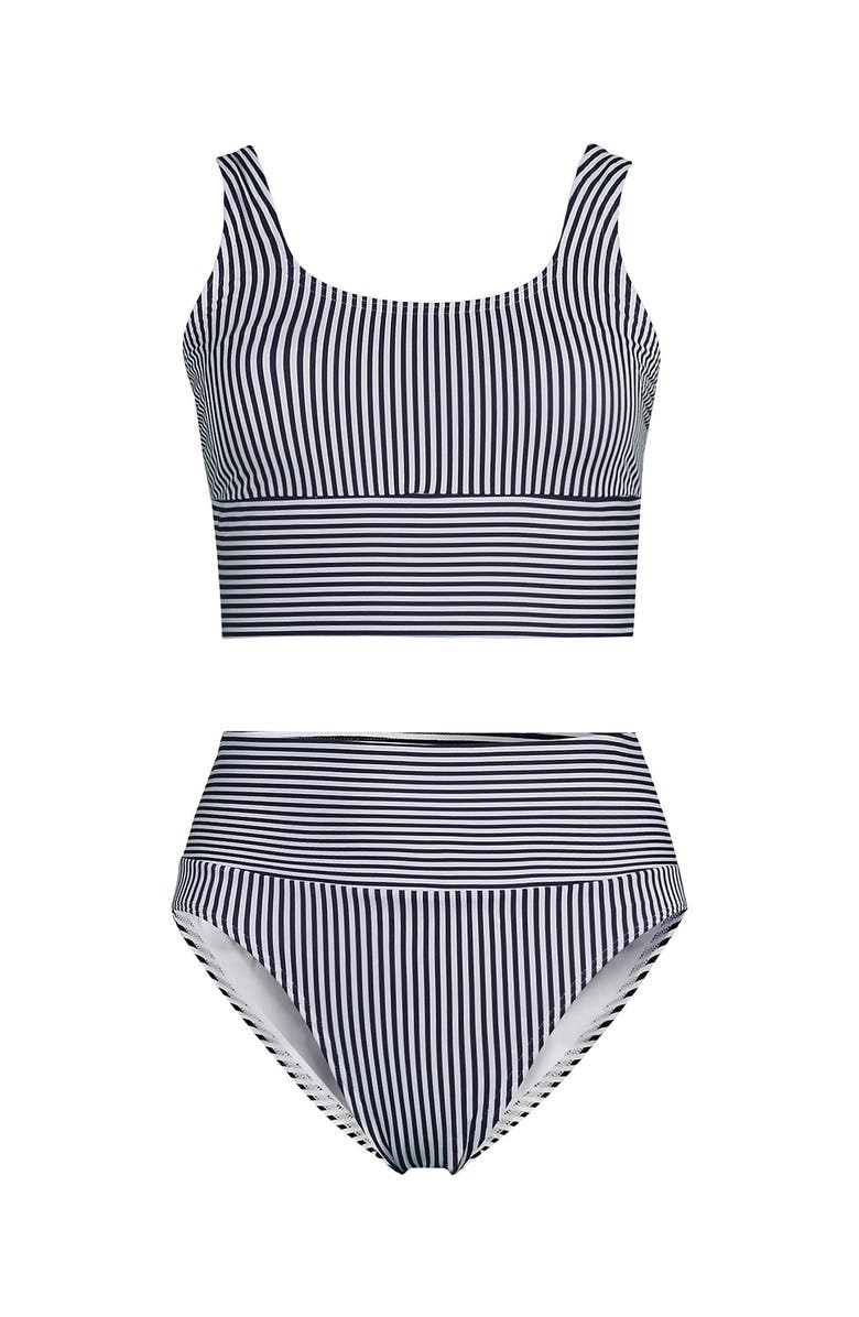 Lands' End Tugless Tankini Top and High Waisted Bottom Swimsuit Set, Alternate, color, Deep Sea Navy Mini Stripe