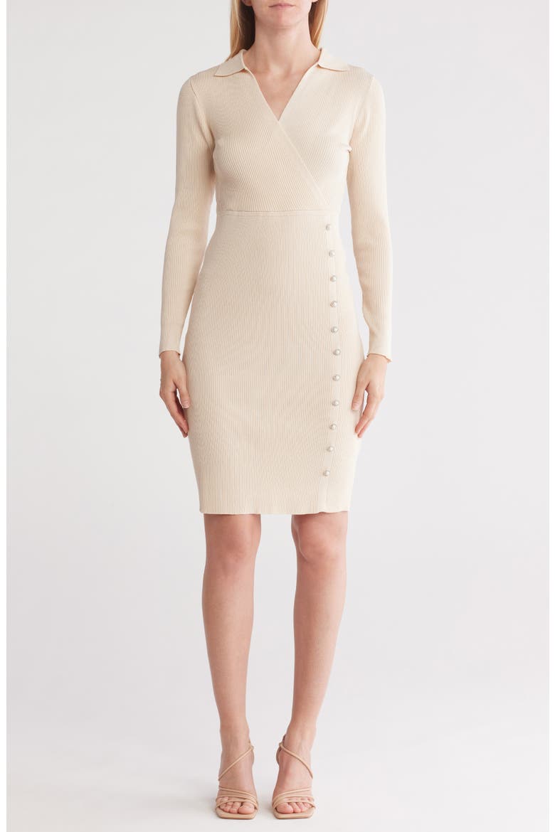 Long Sleeve Faux Wrap Sweater Dress, Main, color, LIGHT TAN