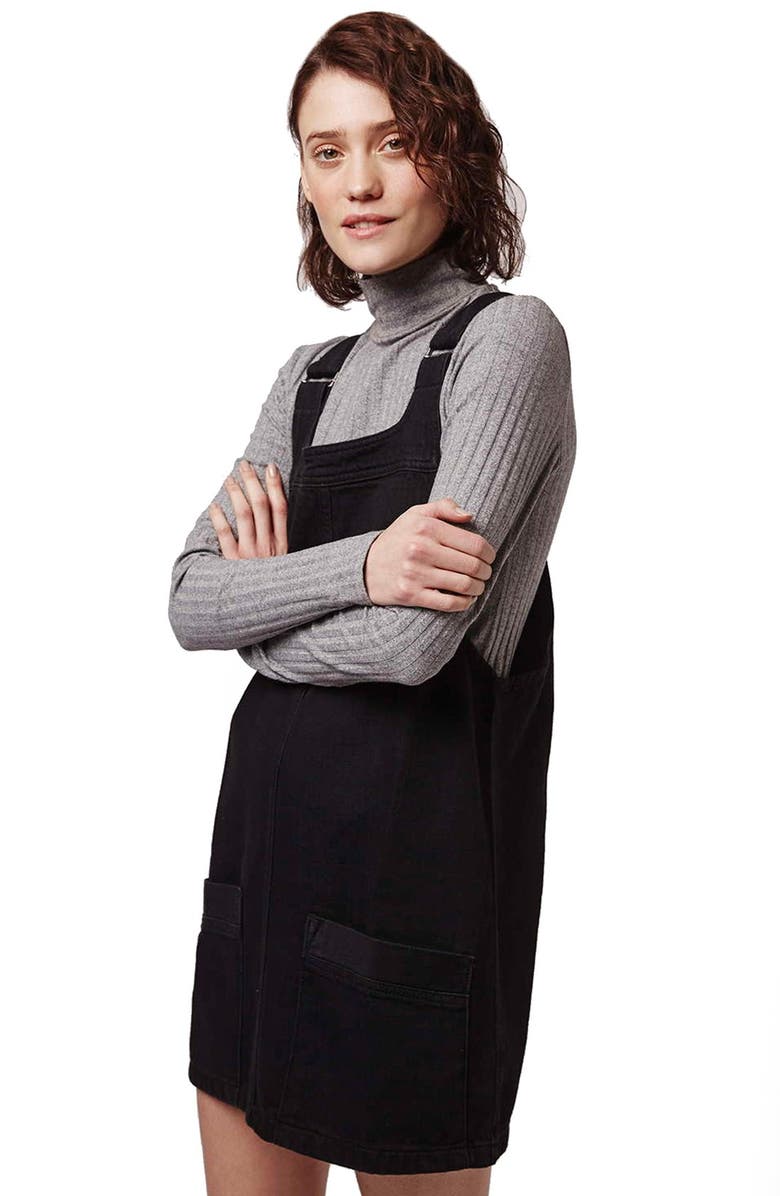 Topshop Denim Pinafore Dress, Alternate, color, 