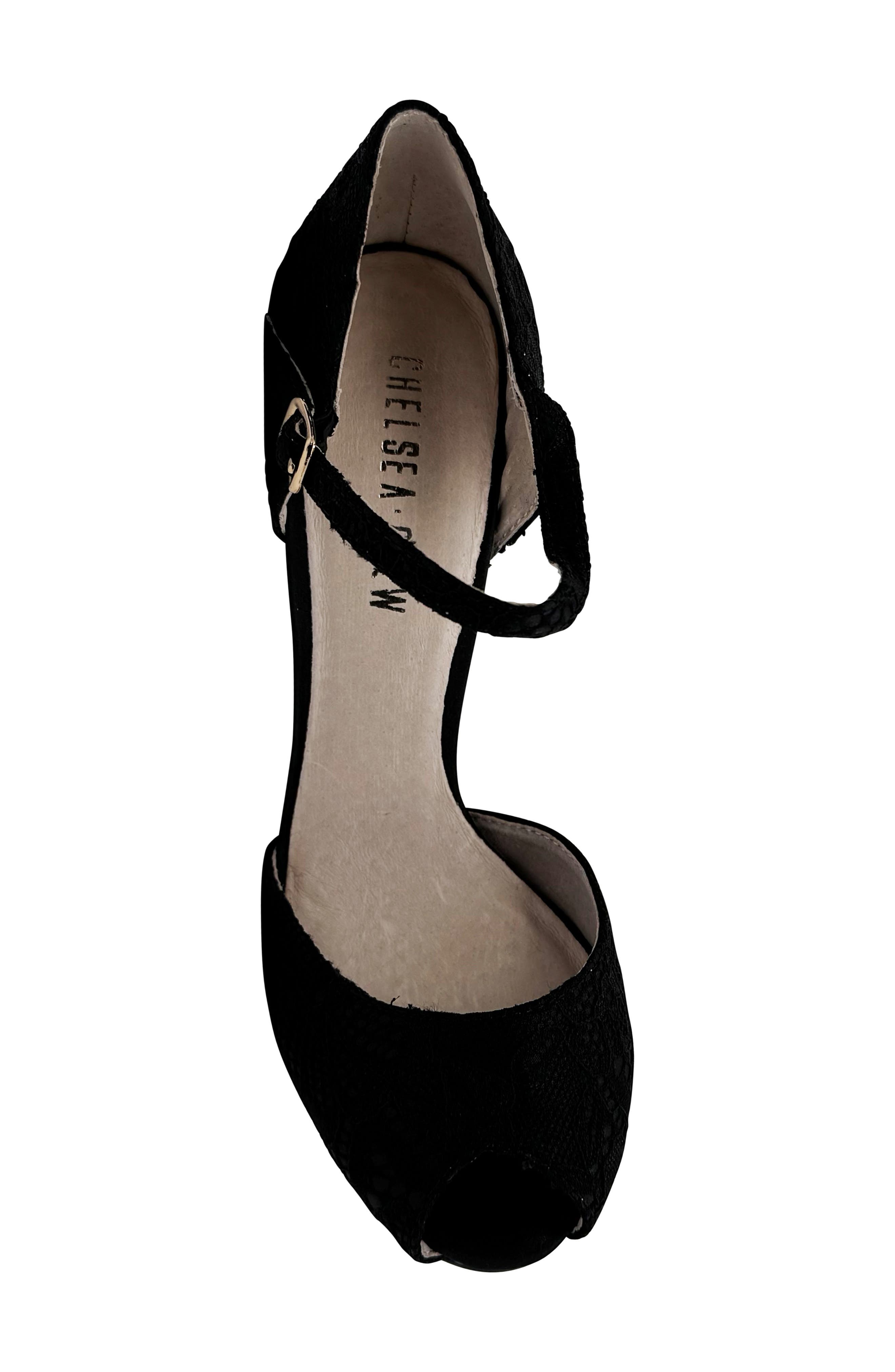 CHELSEA CREW Lulu Ankle Strap Peep Toe Pump, Alternate, color, Black Lace/ Satin