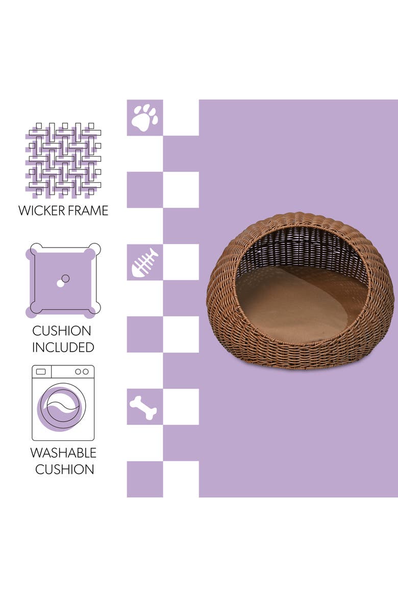Fiora 19.5" x 18" Modern Circular Faux Wicker Pet Bed with Machine-Washable Cushion, Alternate, color, Brown