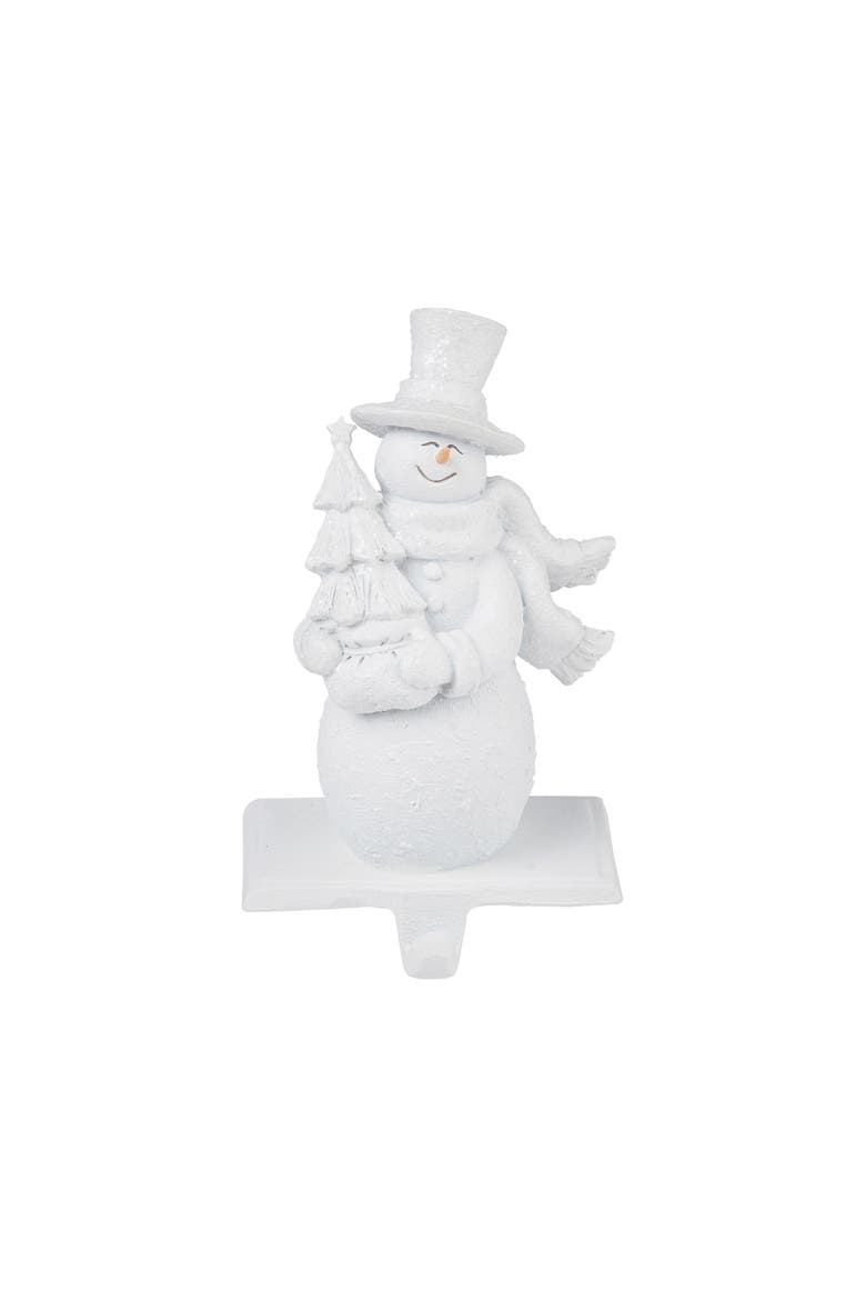 Happy Smiling Snowman Holding Christmas Tree Resin Stocking Holder, Main, color, White