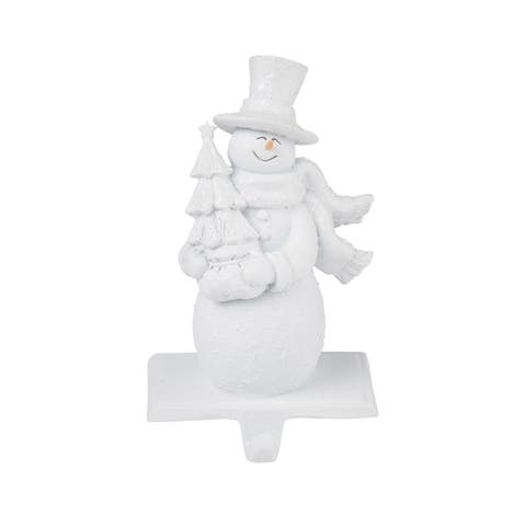 Happy Smiling Snowman Holding Christmas Tree Resin Stocking Holder