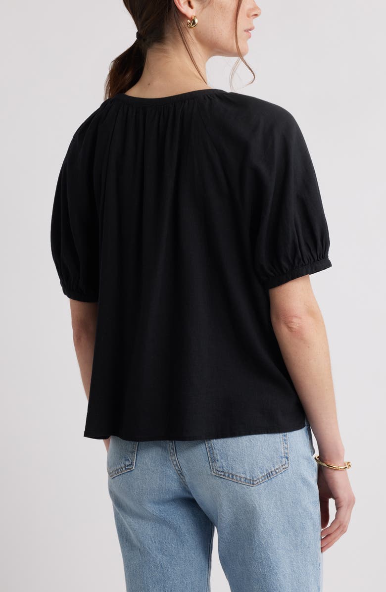 Caslon<sup>®</sup> Puff Sleeve Linen Blend Button-Up Shirt, Alternate, color, Black