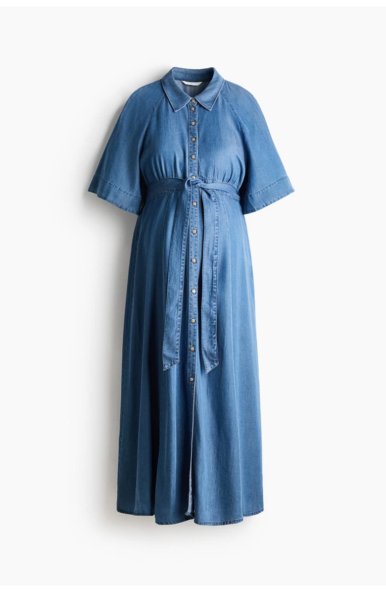 H&M Mama tie-belt denim dress, Alternate, color, Denim Blue