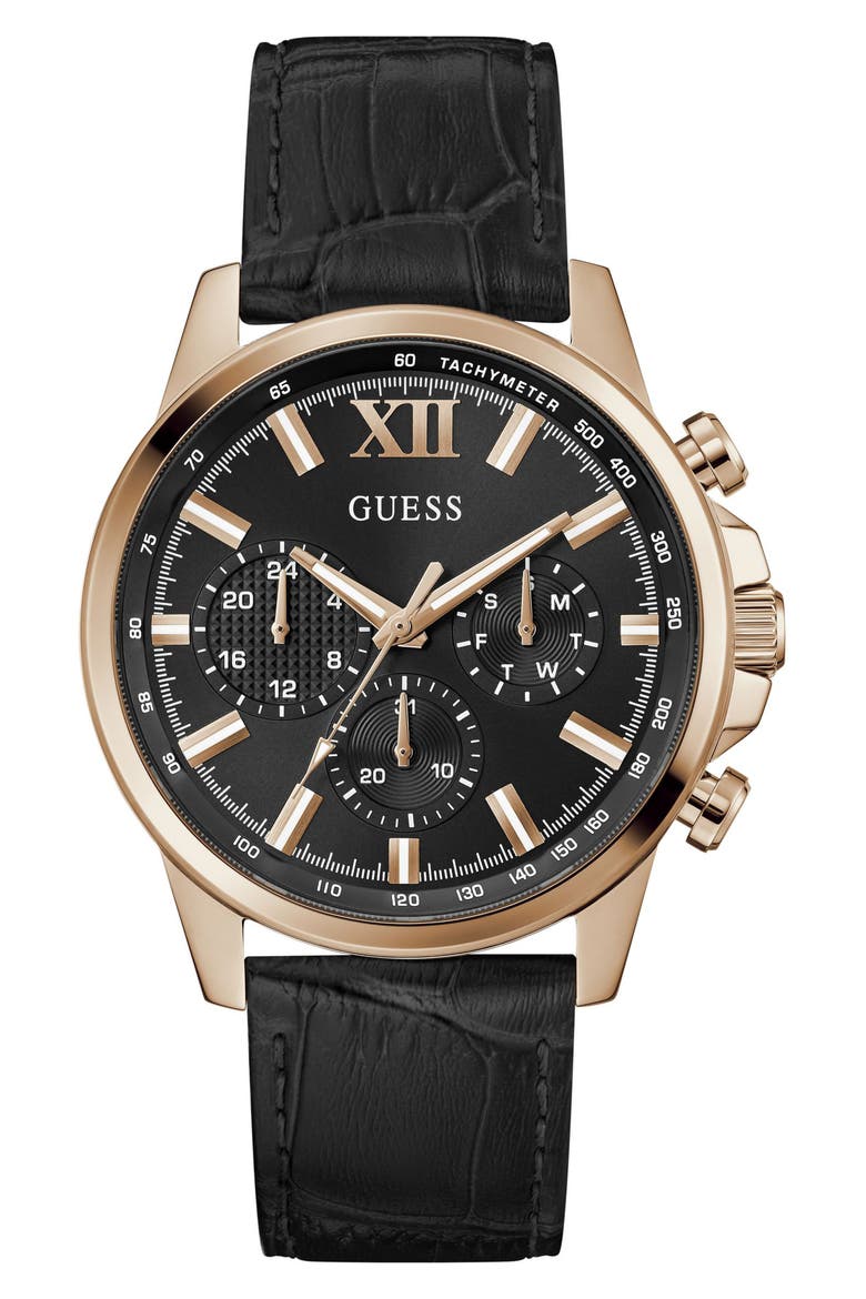 Walker Black Dial Multifunction Leather Strap Watch, 44mm, Main, color, BLACK