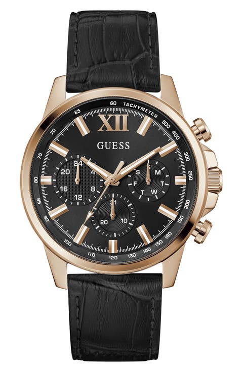 Walker Black Dial Multifunction Leather Strap Watch, 44mm