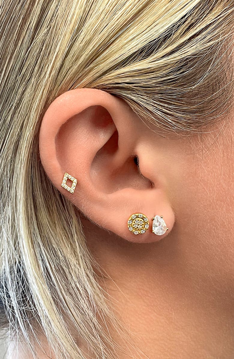 Sterling Forever Set of 3 14K Yellow Gold Vermeil Cubic Zirconia Geometric Stud Earrings, Alternate, color, Gold