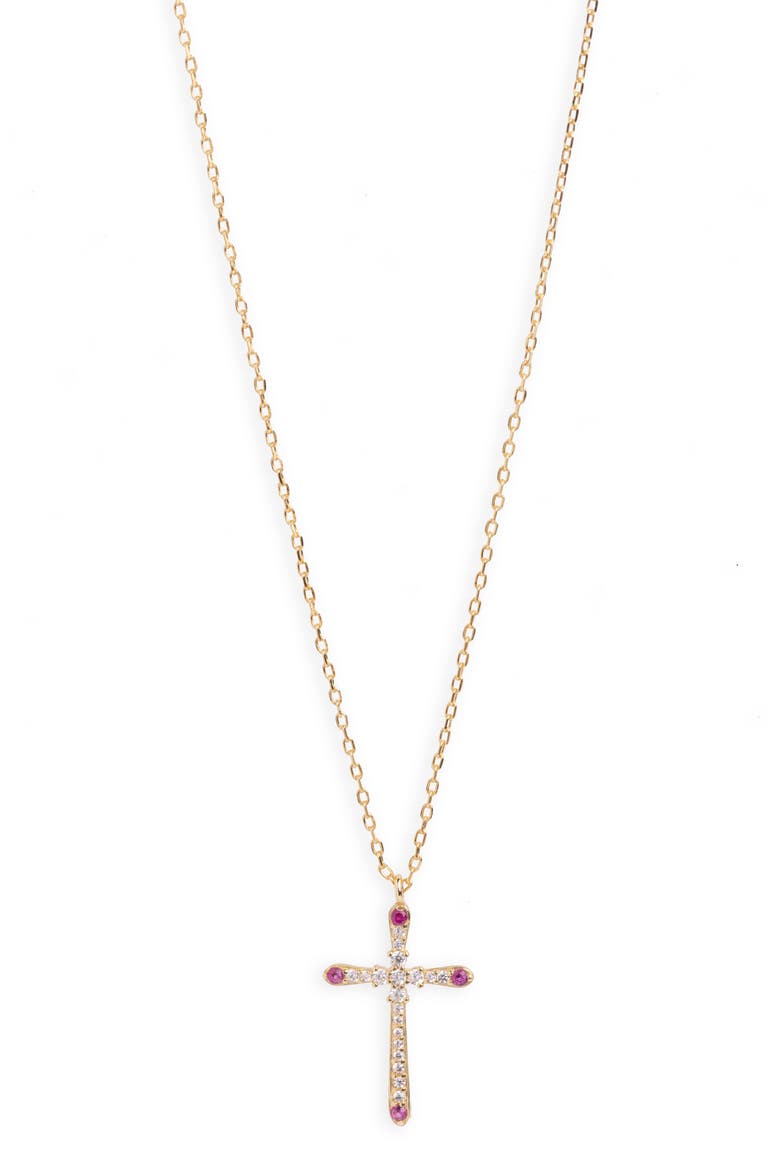 Cubic Zirconia Cross Pendant Necklace, Main, color, GOLD/ RED