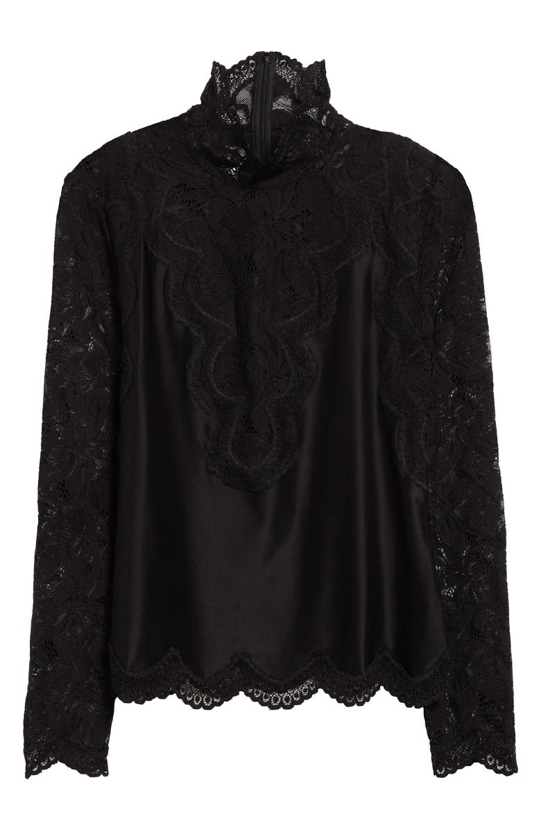 Rabanne Mock Neck Lace & Satin Top, Alternate, color, Black