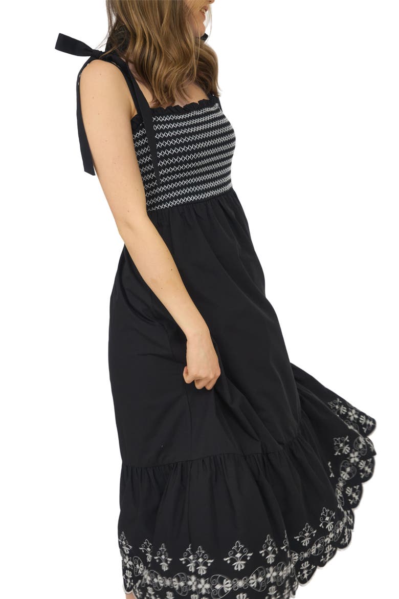 Embroidered Smocked Dress, Alternate, color, BLACK