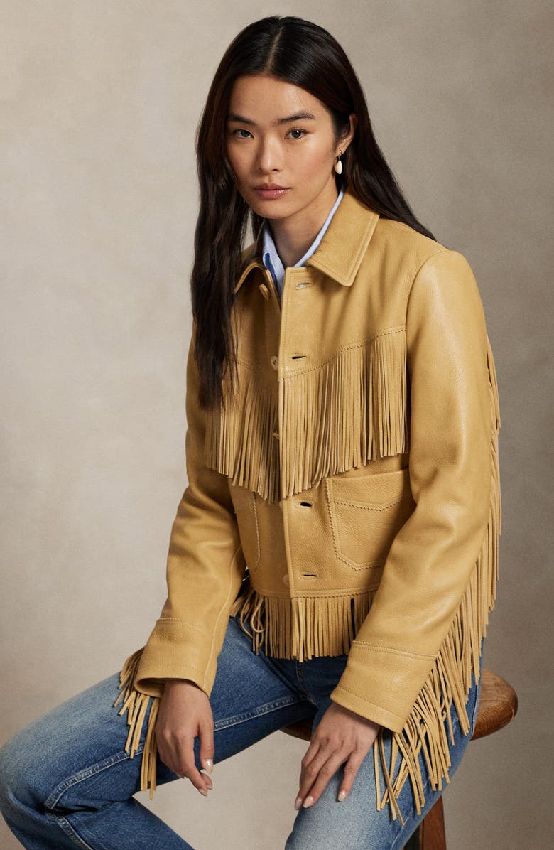 Polo Ralph Lauren Fringe Leather Jacket, Alternate, color, Tan