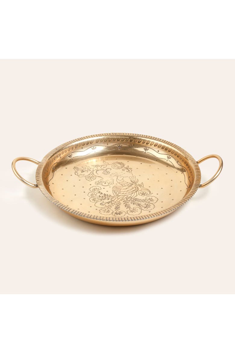 Nanpur Peacock Patterned Handle Round Metal Decorative Tray 17X14X3 In, Main, color, Gold