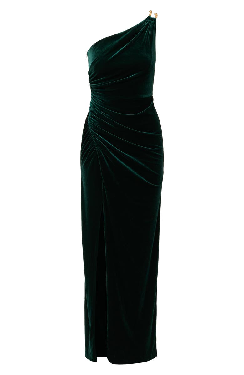 Adrianna Papell One-Shoulder Velvet Column Gown, Alternate, color, Emerald