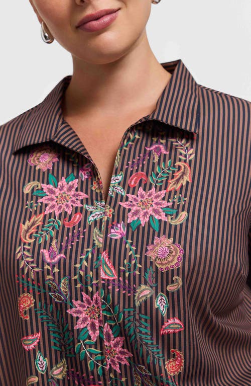 Foxcroft Agnes Floral Stripe Cotton Poplin Popover Top In Brown