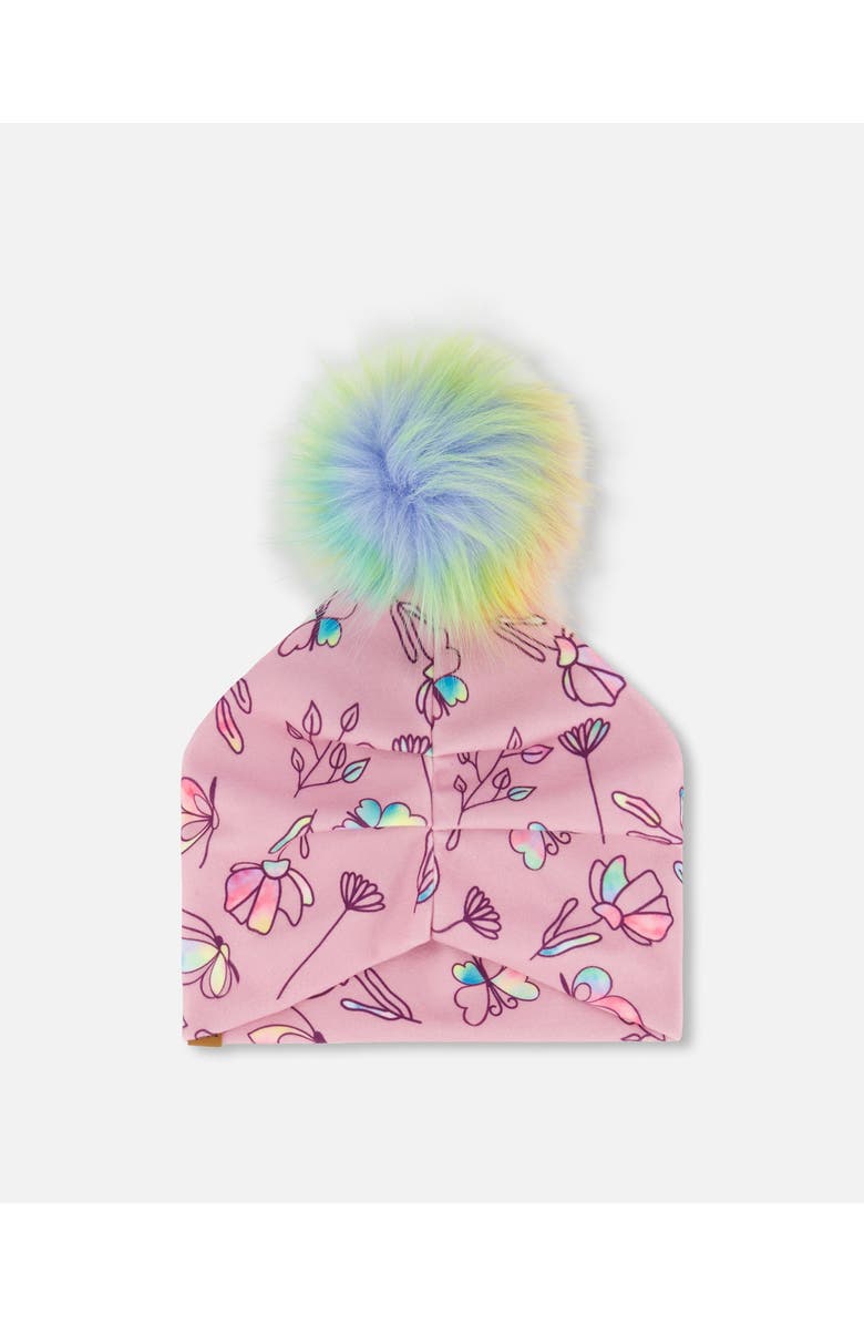 Deux par Deux Girl's Printed Jersey Detachable Pompom Hat Lilac And Multicolored Butterfly, Alternate, color, 
