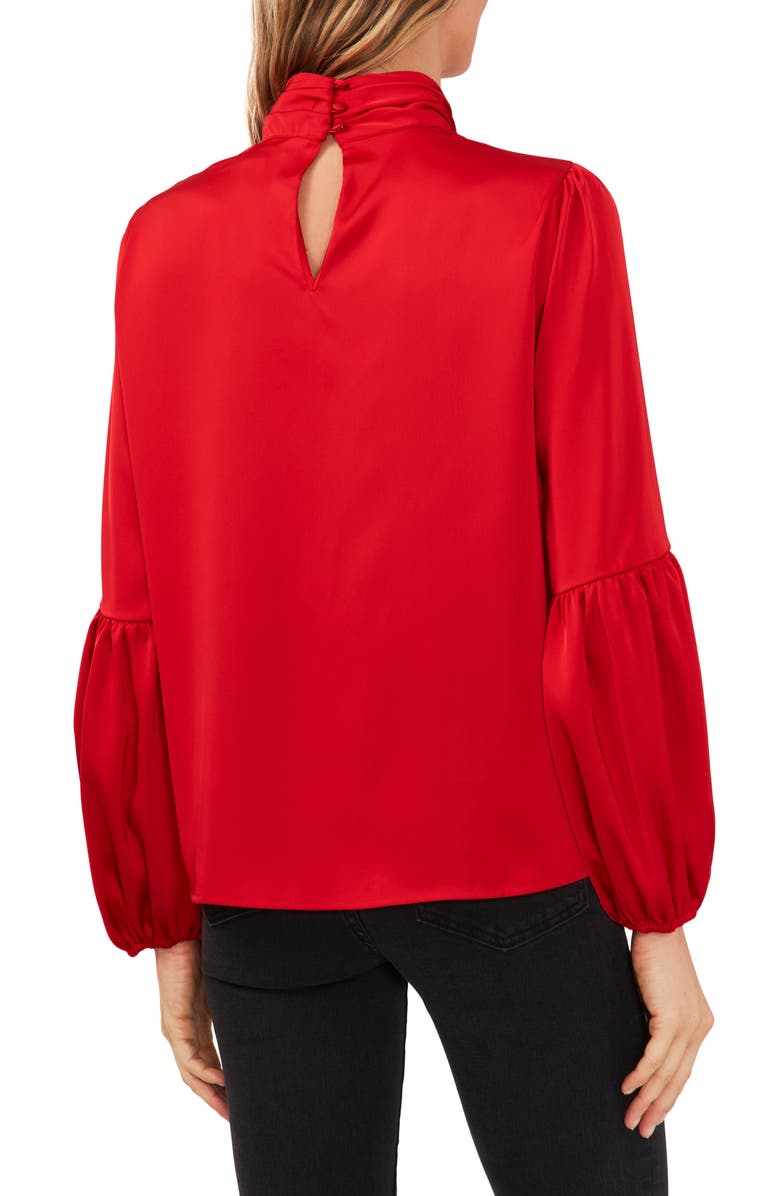 CeCe Mock Neck Blouson Sleeve Satin Top, Alternate, color, Stoplight Red