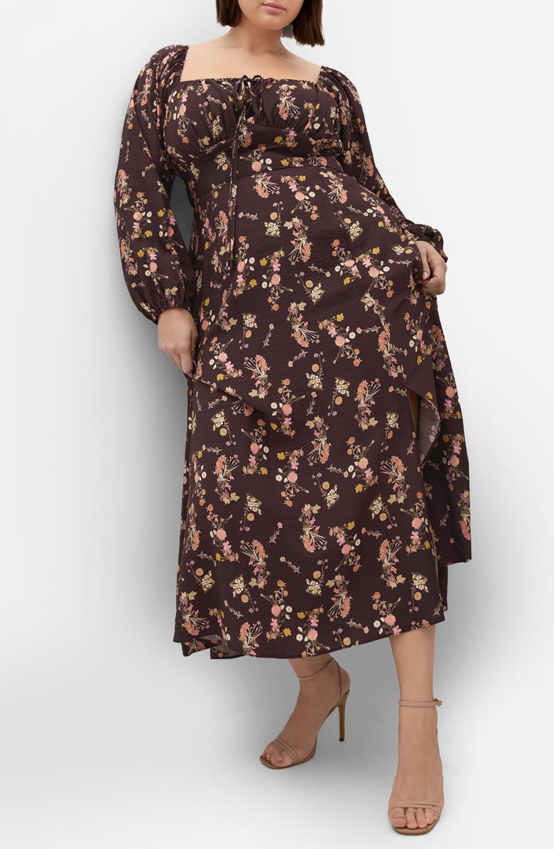 City Chic Abbigail Floral Print Long Sleeve Maxi Dress, Main, color, Cocoa Bloom