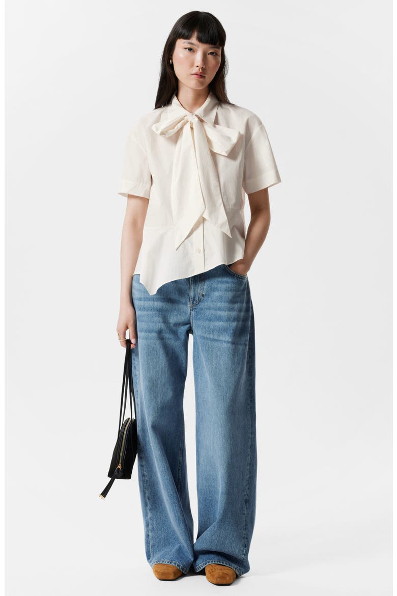 Tie Neck Asymmetric Cotton Button-Up Shirt, Alternate, color, WHITE DUSTY LIGHT