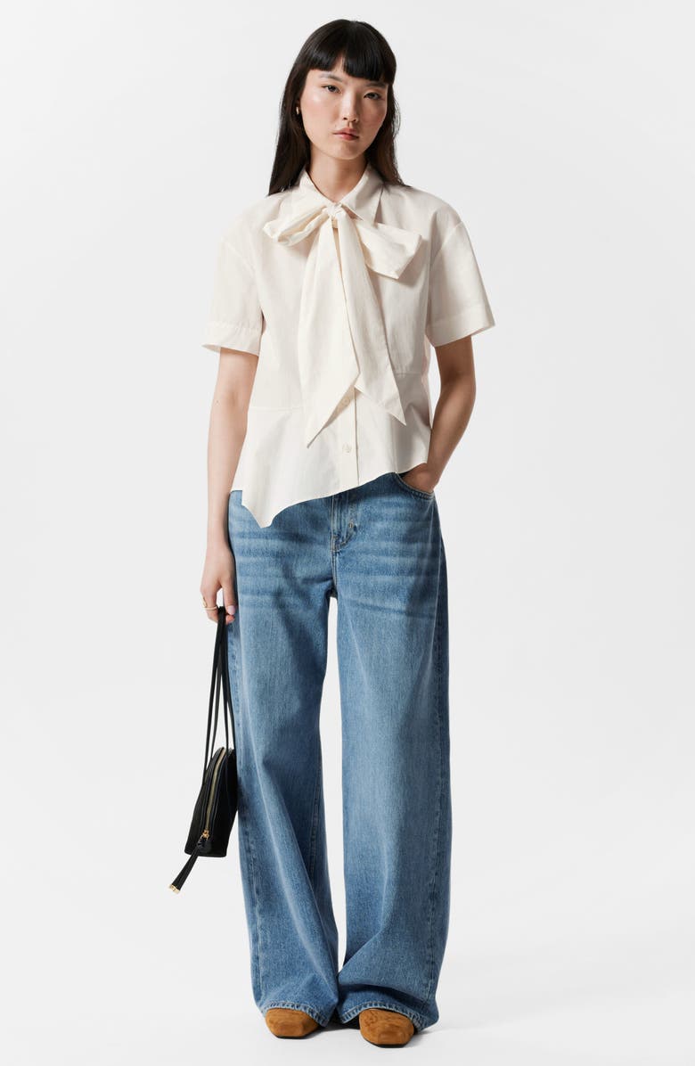 & Other Stories Tie Neck Asymmetric Cotton Button-Up Shirt, Alternate, color,