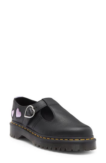 Dr. Martens' Dr. Martens Polley Heart T-bar Shoe In Black Frosted Lavender Lilac