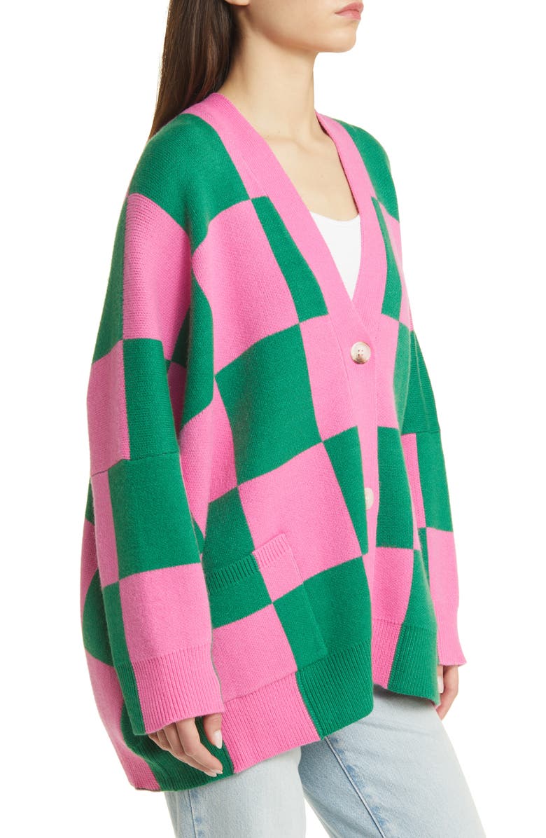 Dressed in Lala Love You Oversize Checkerboard Cardigan, Alternate, color, Watermelon