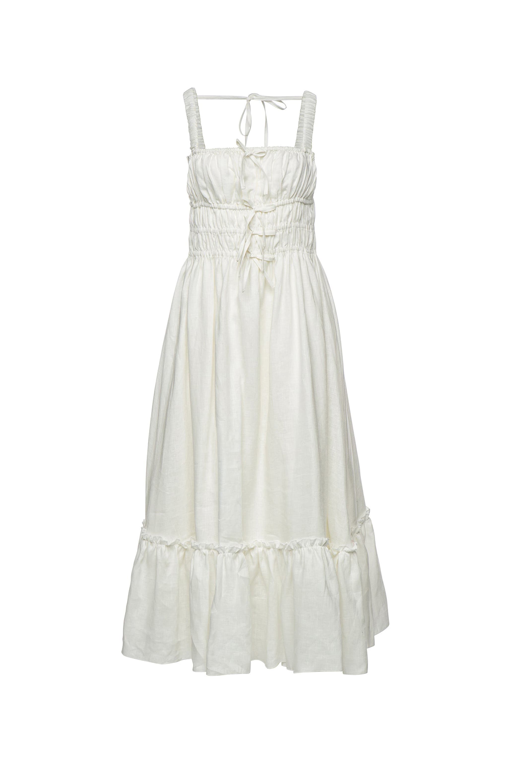 Amara Ruched Midi Linen Dress in Pristine