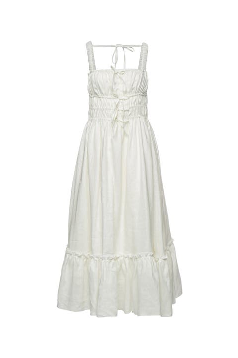 Amara Ruched Midi Linen Dress in Pristine
