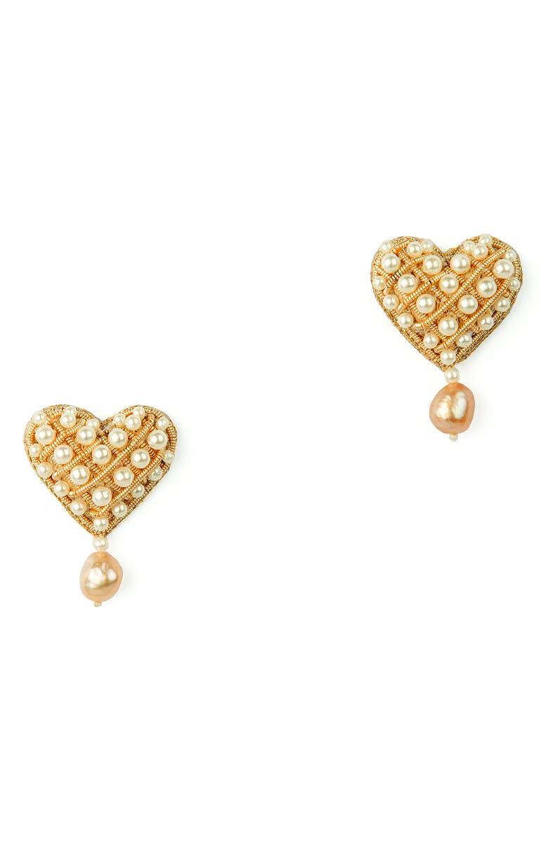 Deepa Gurnani Kalia Freshwater Pearl Heart Stud Earrings, Main, color, Gold