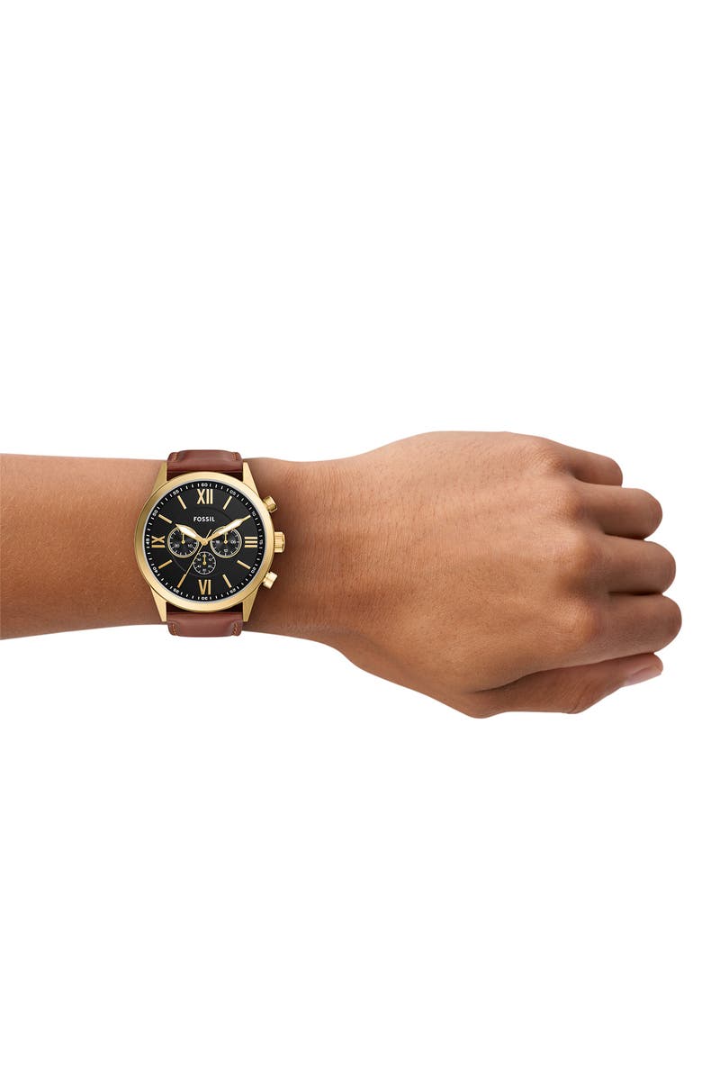Fossil Flynn Chronograph Leather Strap Watch, 48mm, Alternate, color, Gold