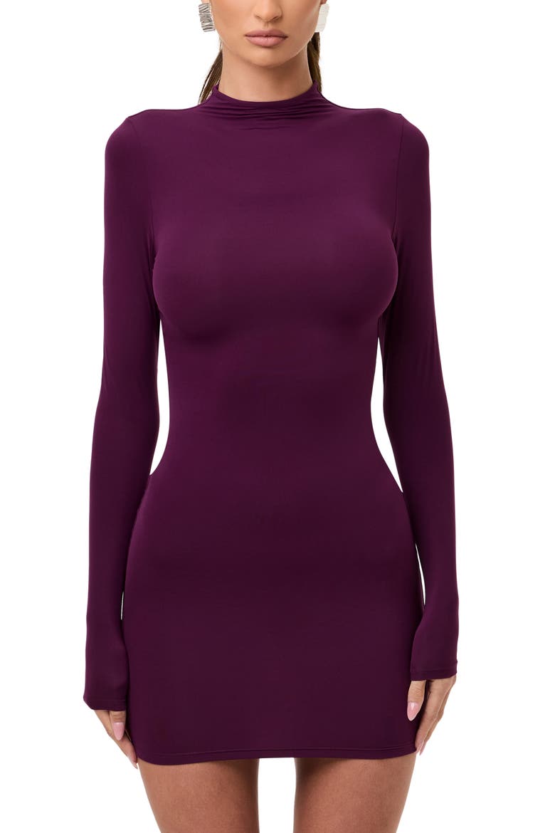 Long Sleeve Mock Neck Minidress, Alternate, color, DARK BERRY
