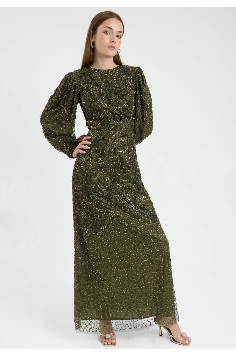 Modest Embellished Sequin Beaded Dress Maxi With loose Cuff Sleeves, Alternate, color, OLIVE