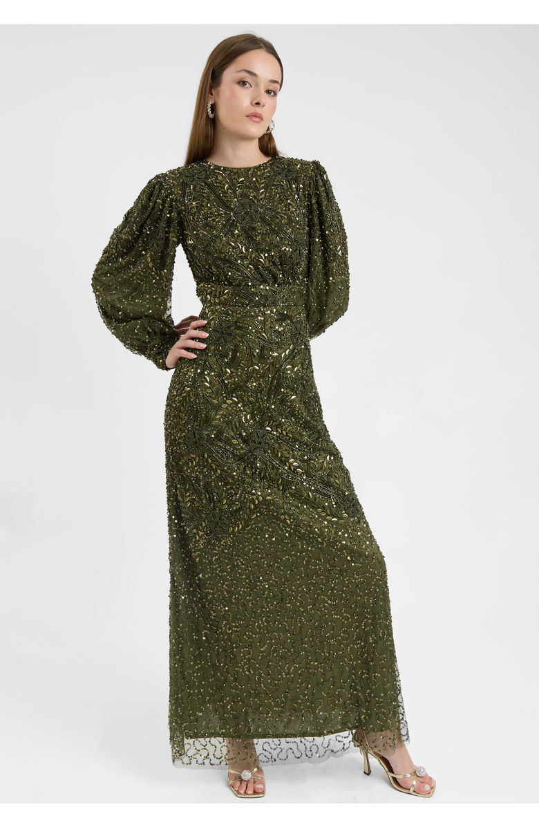MARYISA Modest Embellished Sequin Beaded Dress Maxi With loose Cuff Sleeves, Alternate, color, Olive